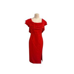 Bardot Fire Red Off-The-Shoulder Popover Midi Dress Ruffle Detail Size M, Fundra